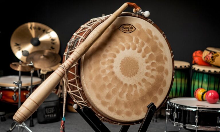 Unique scimitar drum with curved shape and detailed design elements.